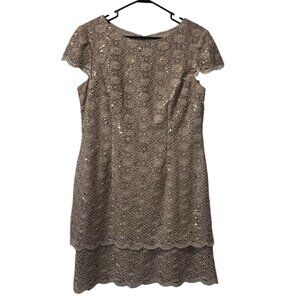Alex Evenings Womens‎ Petite 16P Tan Dress Zip Sequined Formal Evening Business